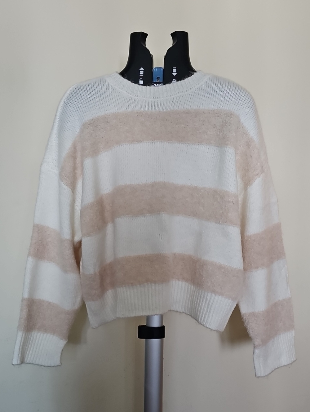 a.n.a White & Beige Striped Crewneck Sweater Large